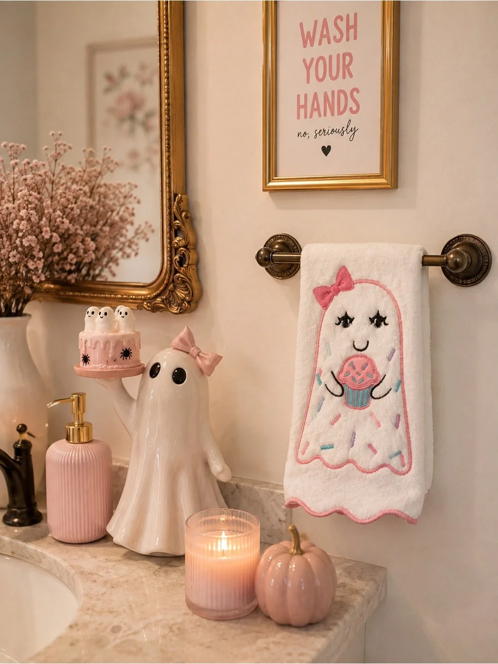 Kassafina Pastel Ghost Cupcake Hand Towels Set 2 Halloween Pink Scalloped